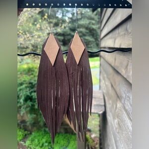 Brown Leather Fringe Earrings with Tan Accent Coachella Boho Vibes NWT